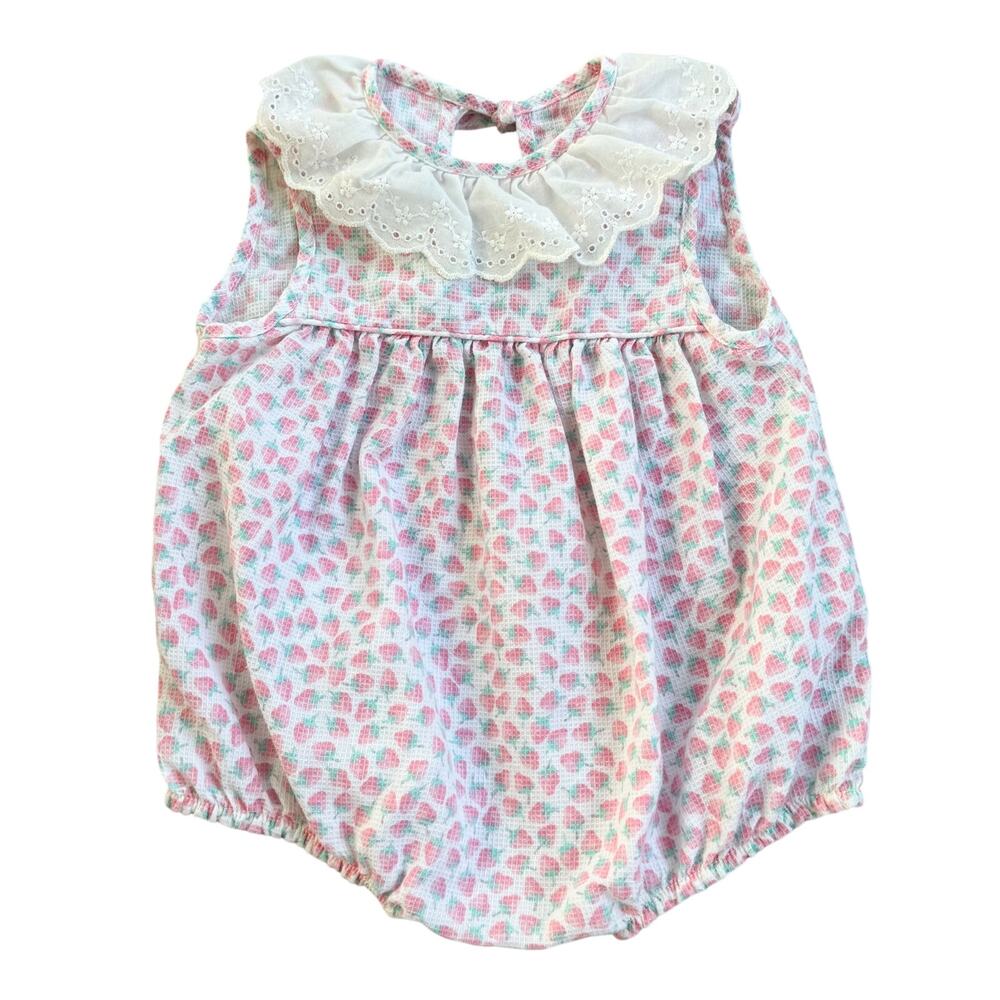 Vtg 1990s Toddle Tyke Strawberry Bubble Romper Eyelet Lace One Piece Sz 3M